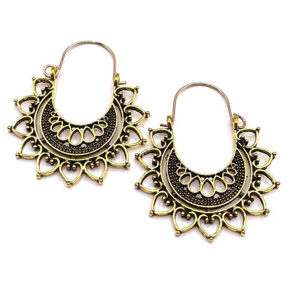 Yellow Gold Detailed Boho Mandala Heart Dangling Drop Hinged Hook Earrings - Picture 1 of 6
